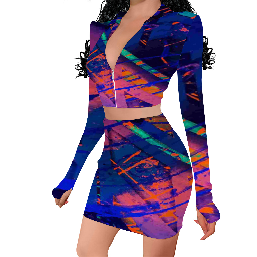 Gavin Scott Long Sleeve Zip Up Ribbed Top & Short Skirt Set (Femme S-4XL)