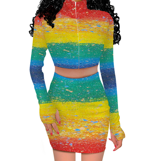 Gavin Scott PRIDE Long Sleeve Zip Up Ribbed Top & Short Skirt Set (Femme S-4XL)