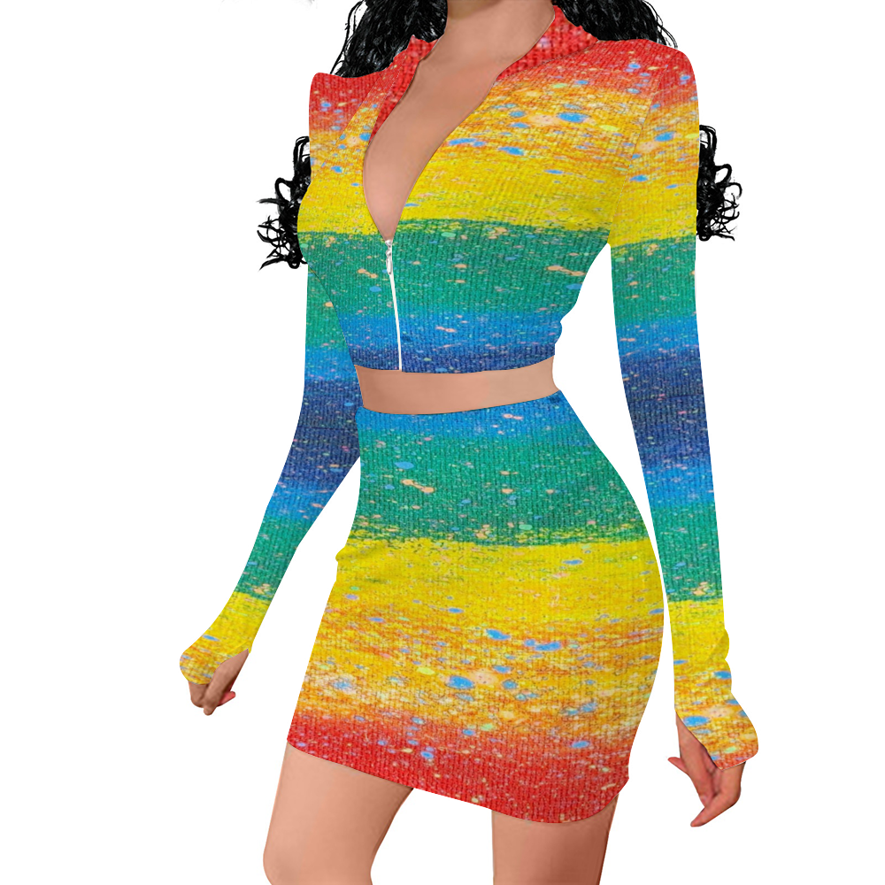 Gavin Scott PRIDE Long Sleeve Zip Up Ribbed Top & Short Skirt Set (Femme S-4XL)