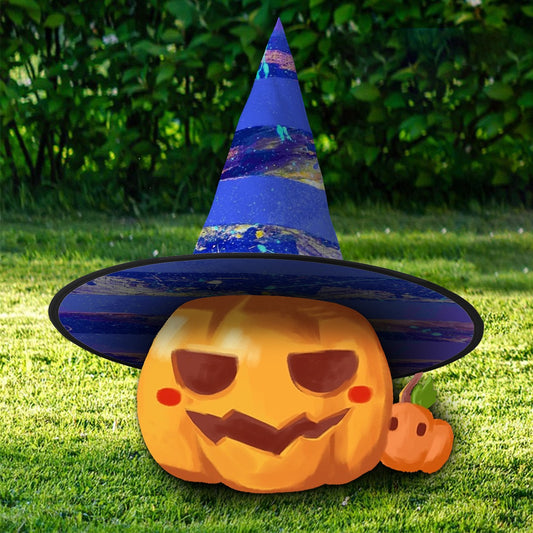 Carved Halloween pumpkin with a mischievous face wearing a tall blue witch hat on grass