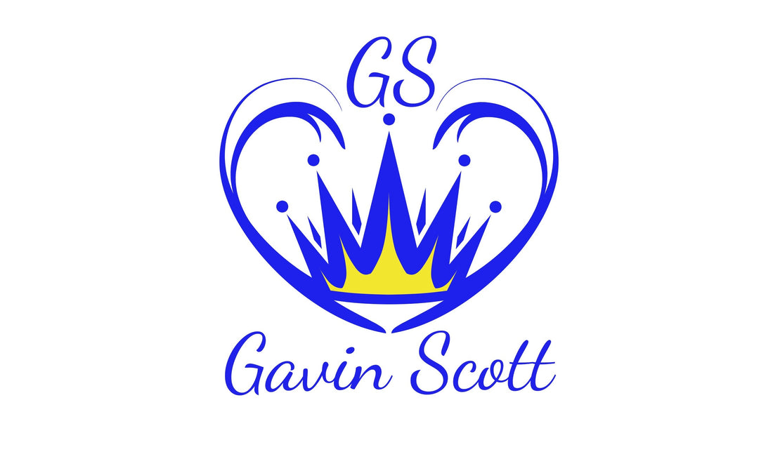 Blue and yellow crown logo with heart shape and initials GS, text Gavin Scott in script