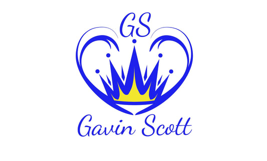 Blue and yellow crown logo with heart shape and initials GS, text Gavin Scott in script