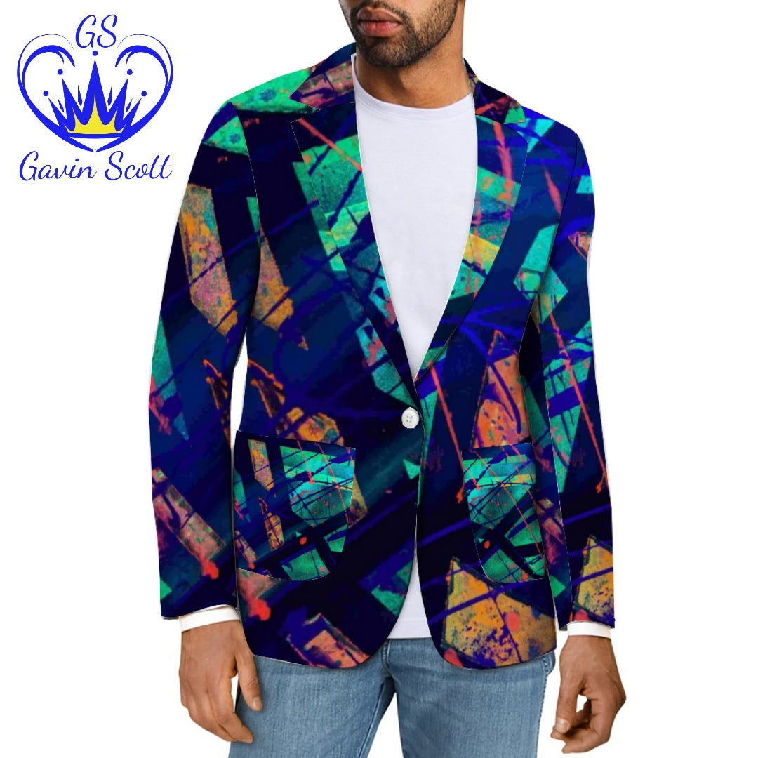 Men's casual blazer with multicolor abstract print, single button, and front patch pockets