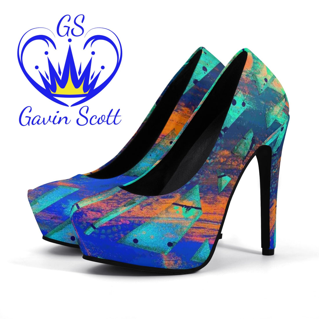 Pair of high-heeled platform shoes with vibrant blue, orange, and turquoise geometric abstract design