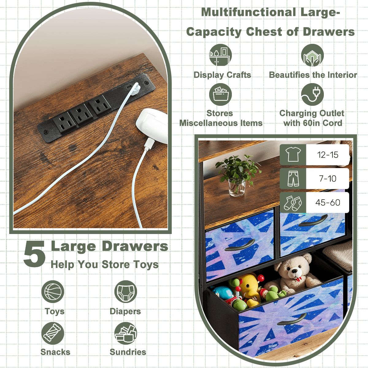 Gavin Scott TV Stand w/5 Drawer Dresser & Charging Station