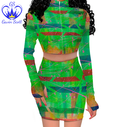 Gavin Scott Long Sleeve Zip Up Ribbed Top & Short Skirt Set (Femme S-4XL)