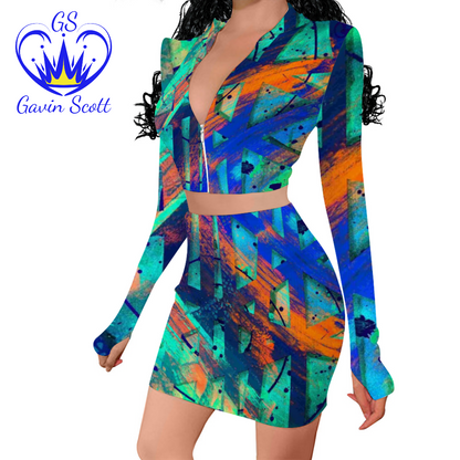 Gavin Scott Long Sleeve Zip Up Ribbed Top & Short Skirt Set (Femme S-4XL)