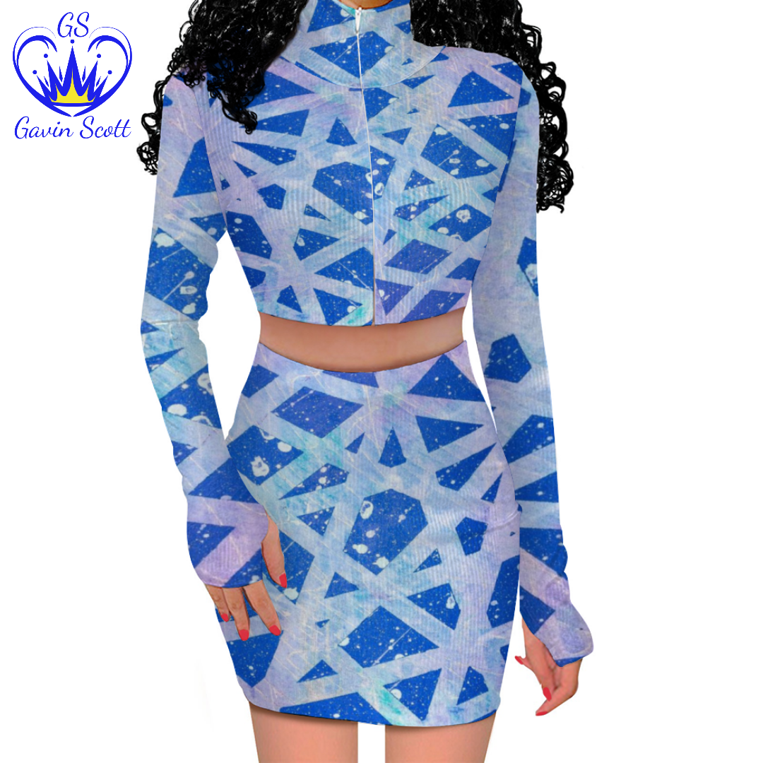 Gavin Scott Long Sleeve Zip Up Ribbed Top & Short Skirt Set (Femme S-4XL)