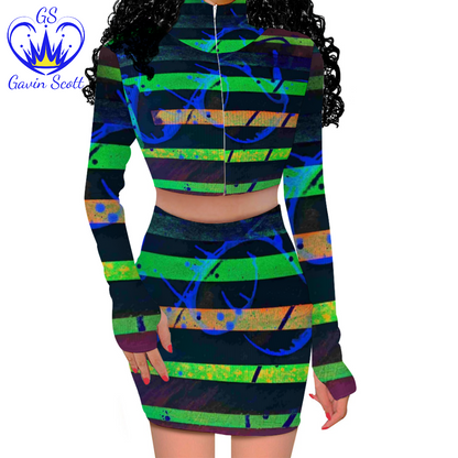 Gavin Scott Long Sleeve Zip Up Ribbed Top & Short Skirt Set (Femme S-4XL)