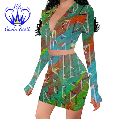 Gavin Scott Long Sleeve Zip Up Ribbed Top & Short Skirt Set (Femme S-4XL)