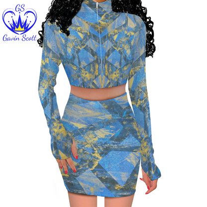 Gavin Scott Long Sleeve Zip Up Ribbed Top & Short Skirt Set (Femme S-4XL)