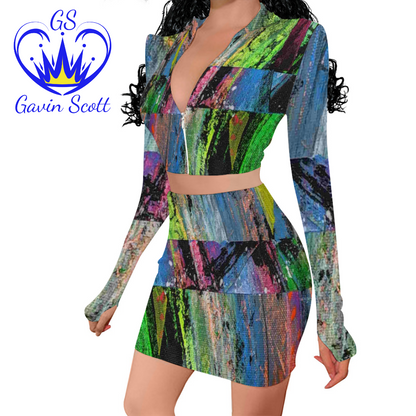 Gavin Scott Long Sleeve Zip Up Ribbed Top & Short Skirt Set (Femme S-4XL)