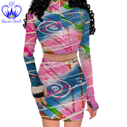 Gavin Scott Long Sleeve Zip Up Ribbed Top & Short Skirt Set (Femme S-4XL)