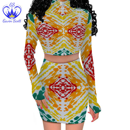 Gavin Scott Long Sleeve Zip Up Ribbed Top & Short Skirt Set (Femme S-4XL)