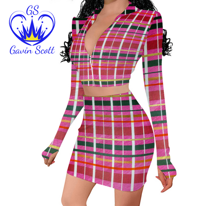 Gavin Scott Long Sleeve Zip Up Ribbed Top & Short Skirt Set (Femme S-4XL)