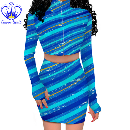 Gavin Scott Long Sleeve Zip Up Ribbed Top & Short Skirt Set (Femme S-4XL)