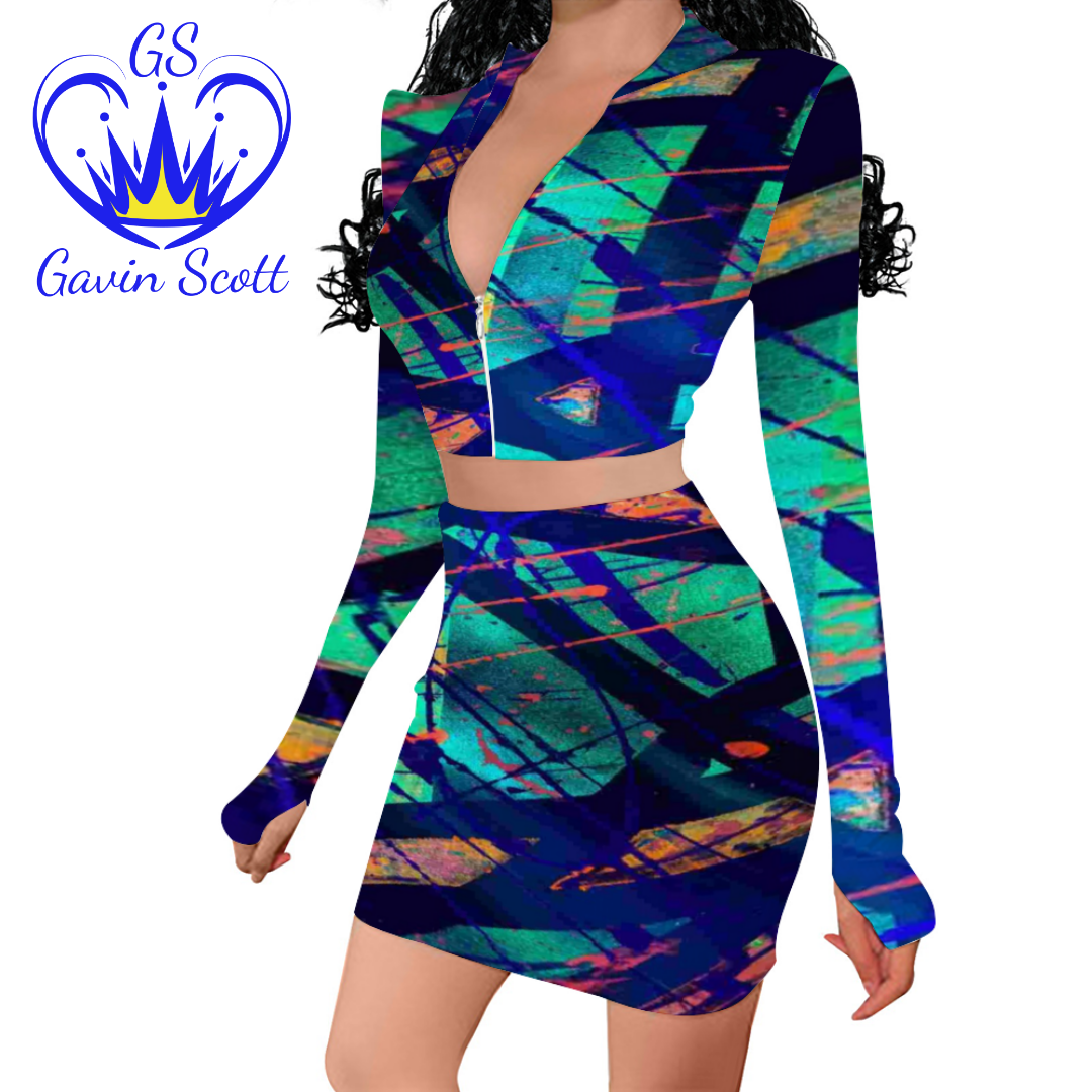 Gavin Scott Long Sleeve Zip Up Ribbed Top & Short Skirt Set (Femme S-4XL)