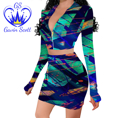 Gavin Scott Long Sleeve Zip Up Ribbed Top & Short Skirt Set (Femme S-4XL)