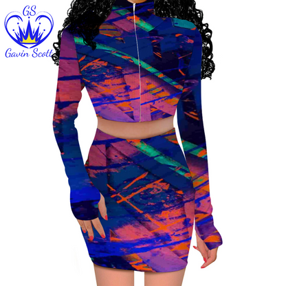 Gavin Scott Long Sleeve Zip Up Ribbed Top & Short Skirt Set (Femme S-4XL)