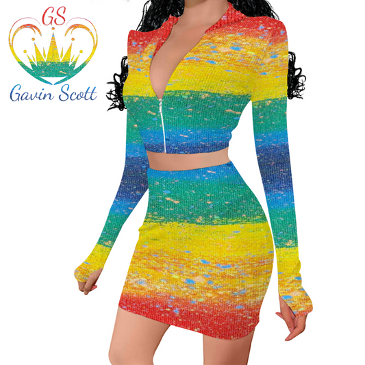 Gavin Scott PRIDE Long Sleeve Zip Up Ribbed Top & Short Skirt Set (Femme S-4XL)