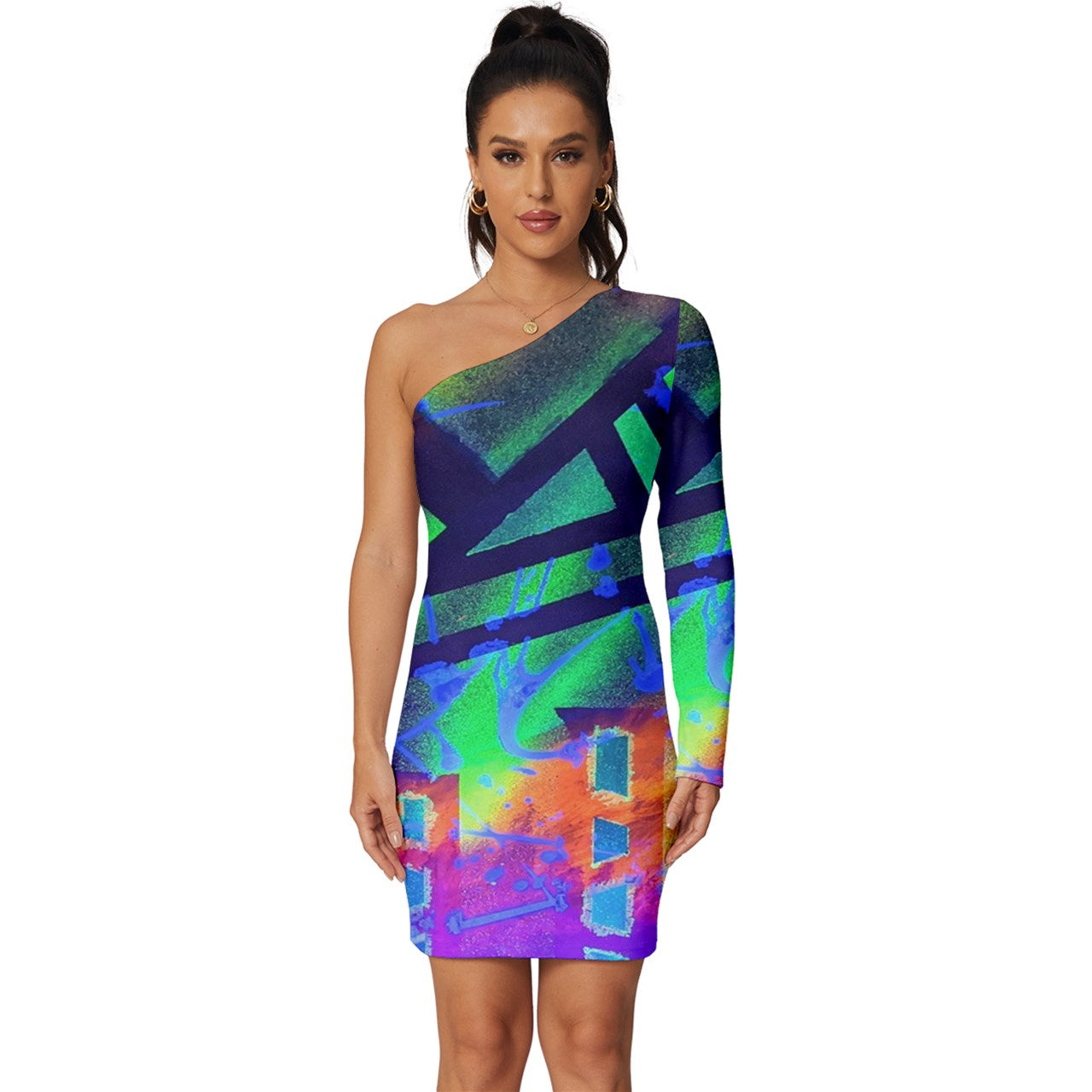 Gavin Scott Long Sleeve One Shoulder Mini Dress (Femme XS-5XL)