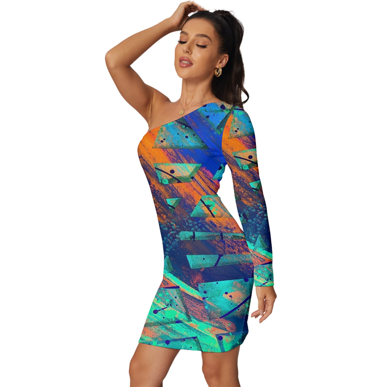 Gavin Scott Long Sleeve One Shoulder Mini Dress (Femme XS-5XL)