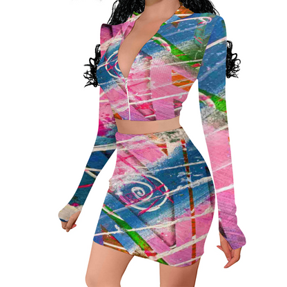 Gavin Scott Long Sleeve Zip Up Ribbed Top & Short Skirt Set (Femme S-4XL)