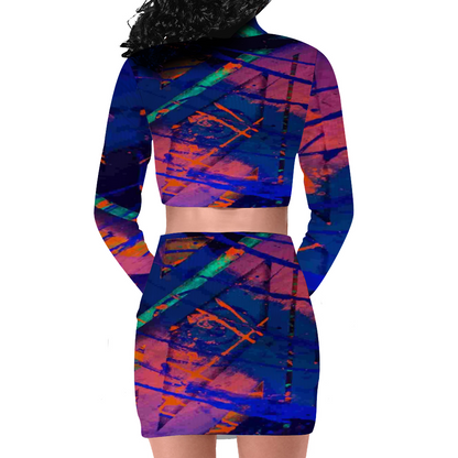 Gavin Scott Long Sleeve Zip Up Ribbed Top & Short Skirt Set (Femme S-4XL)