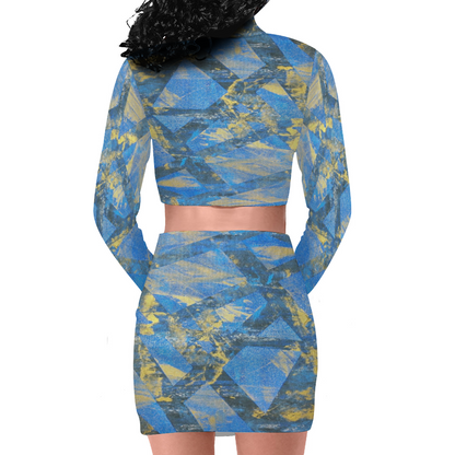 Gavin Scott Long Sleeve Zip Up Ribbed Top & Short Skirt Set (Femme S-4XL)