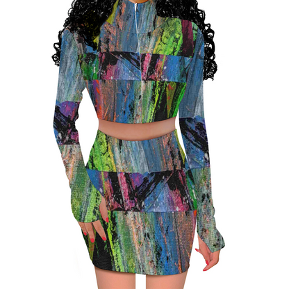 Gavin Scott Long Sleeve Zip Up Ribbed Top & Short Skirt Set (Femme S-4XL)