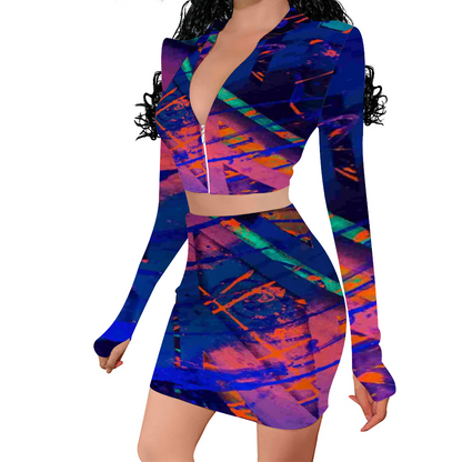 Gavin Scott Long Sleeve Zip Up Ribbed Top & Short Skirt Set (Femme S-4XL)