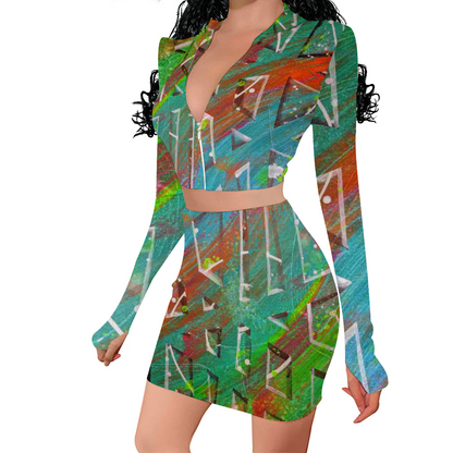 Gavin Scott Long Sleeve Zip Up Ribbed Top & Short Skirt Set (Femme S-4XL)