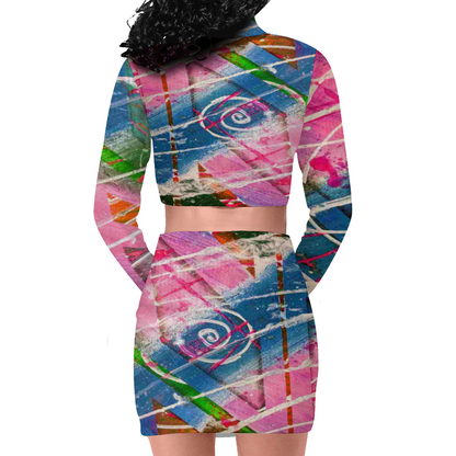 Gavin Scott Long Sleeve Zip Up Ribbed Top & Short Skirt Set (Femme S-4XL)