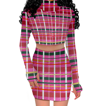 Gavin Scott Long Sleeve Zip Up Ribbed Top & Short Skirt Set (Femme S-4XL)