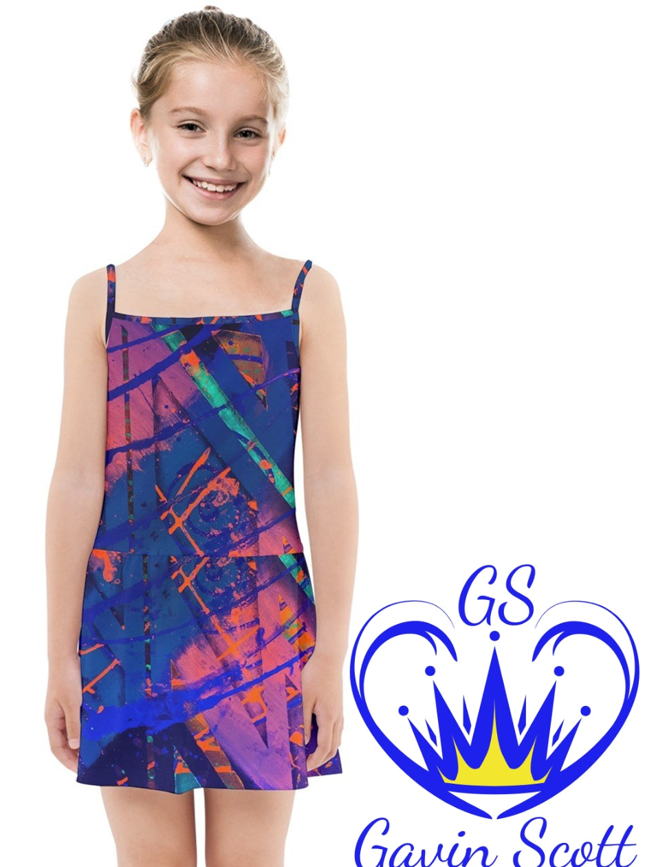 Children's Summer Sun Dress Vortex shades of purple blue 