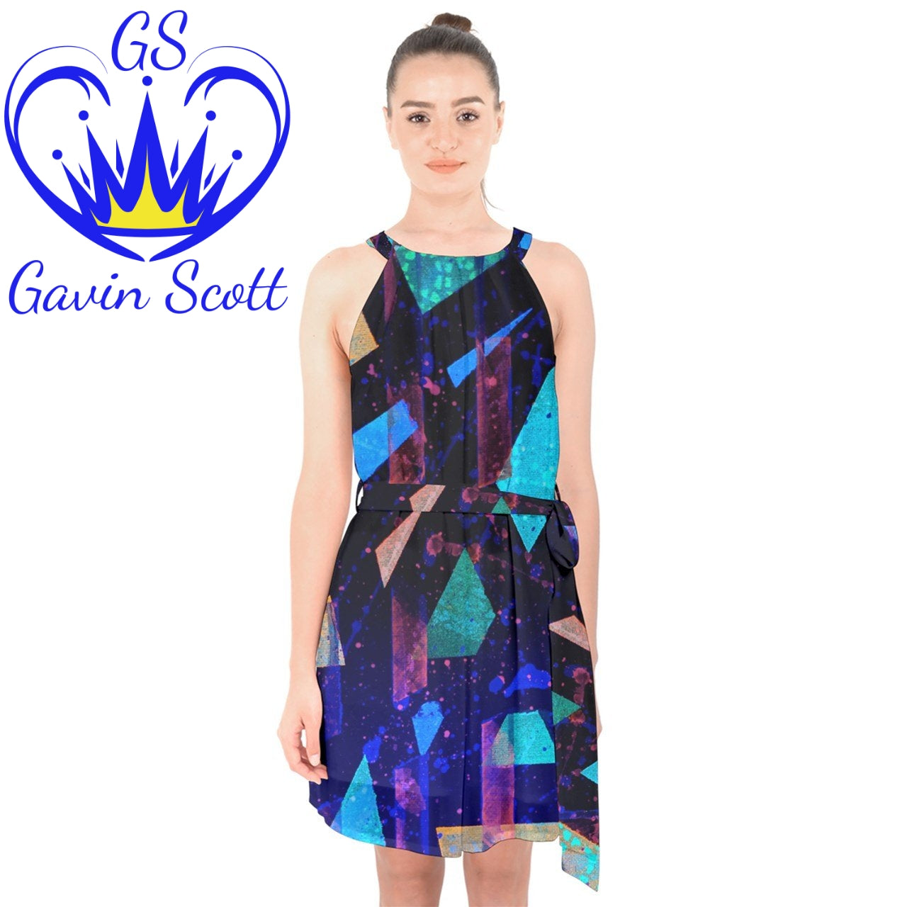 Gavin Scott Halter Collar Chiffon Dress (Femme XS-3XL)