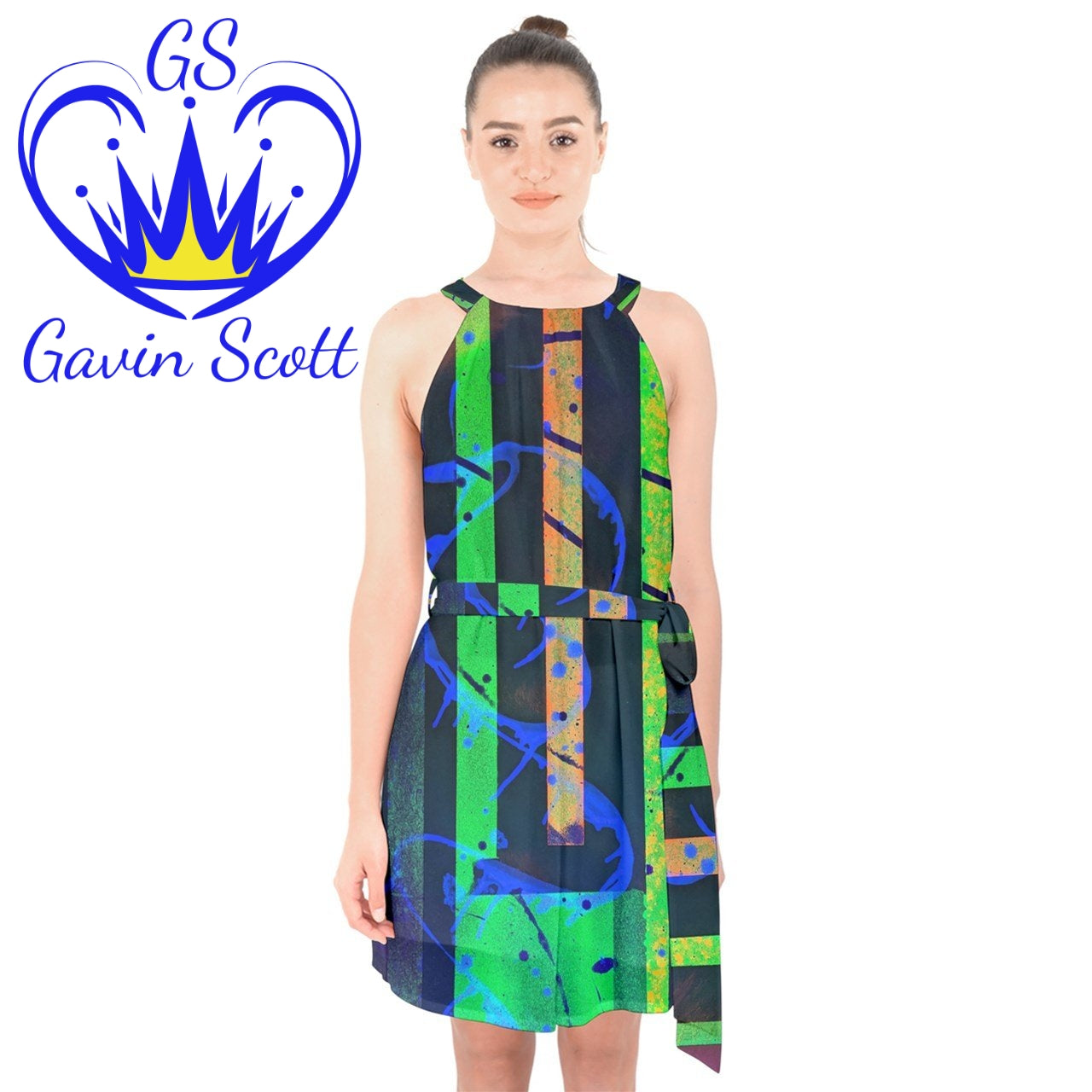 Gavin Scott Halter Collar Chiffon Dress (Femme XS-3XL)