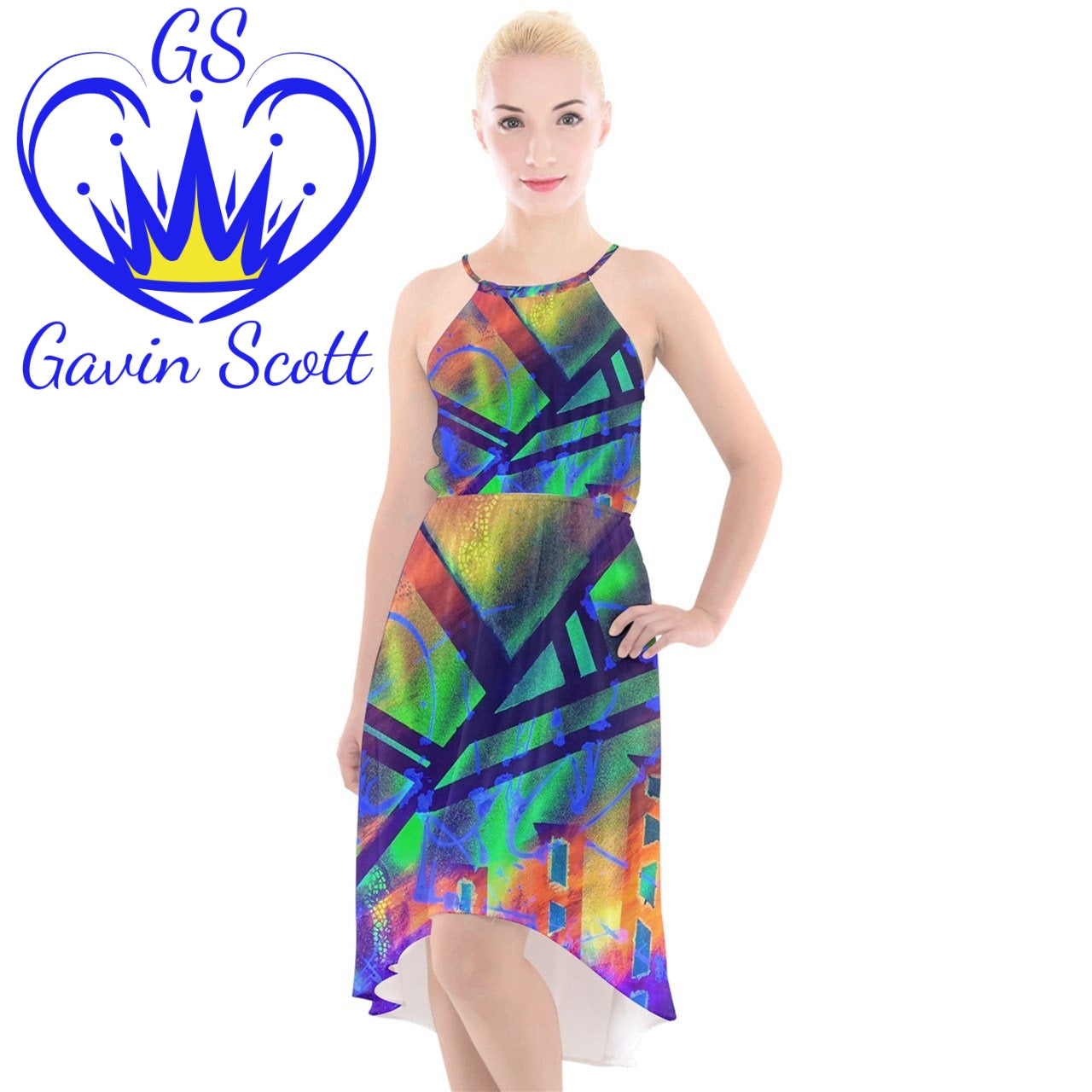 Gavin Scott High-Low Halter Chiffon Dress (Femme XS-3XL)