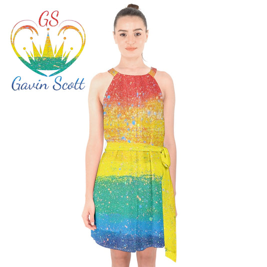 Gavin Scott PRIDE Halter Collar Waist Tie Chiffon Dress (Femme XS-3XL)