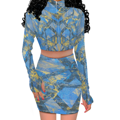 Gavin Scott Long Sleeve Zip Up Ribbed Top & Short Skirt Set (Femme S-4XL)