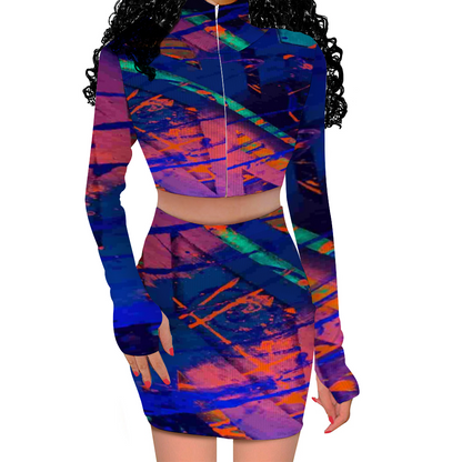 Gavin Scott Long Sleeve Zip Up Ribbed Top & Short Skirt Set (Femme S-4XL)