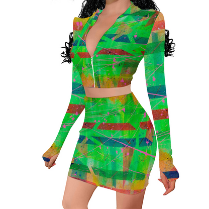 Gavin Scott Long Sleeve Zip Up Ribbed Top & Short Skirt Set (Femme S-4XL)