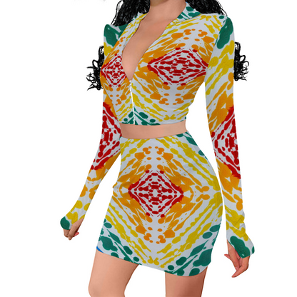 Gavin Scott Long Sleeve Zip Up Ribbed Top & Short Skirt Set (Femme S-4XL)