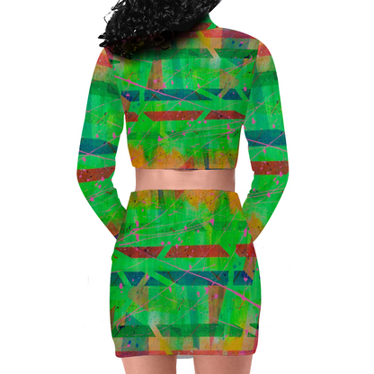 Gavin Scott Long Sleeve Zip Up Ribbed Top & Short Skirt Set (Femme S-4XL)