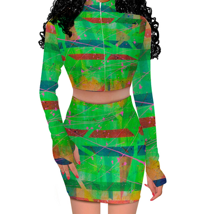 Gavin Scott Long Sleeve Zip Up Ribbed Top & Short Skirt Set (Femme S-4XL)