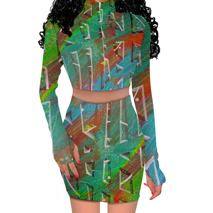 Gavin Scott Long Sleeve Zip Up Ribbed Top & Short Skirt Set (Femme S-4XL)