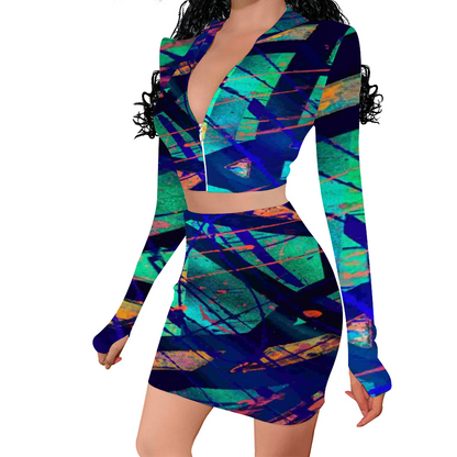 Gavin Scott Long Sleeve Zip Up Ribbed Top & Short Skirt Set (Femme S-4XL)